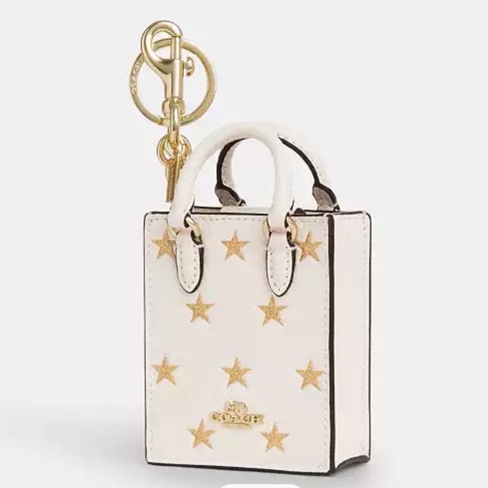 NWT Coach Leather Mini North/South Tote Keychain, Cream with Gold Stars!